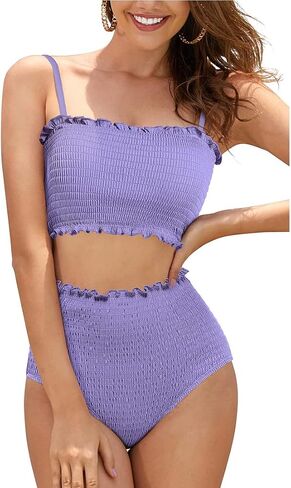 Women's Shirred Bandeau Bikini High Waist Bathing Suit Strapless Two Piece Swimsuit in Saudi Arabia