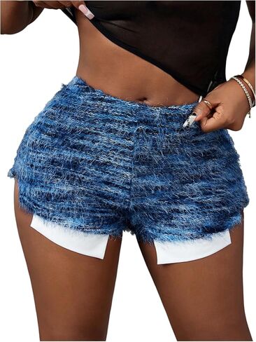 WDIRARA Women's Fuzzy High Waisted Micro Shorts Sexy Distressed Raw Hem Mini Shorts in Saudi Arabia