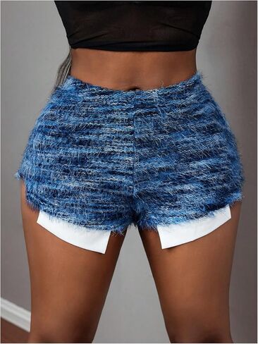 WDIRARA Women's Fuzzy High Waisted Micro Shorts Sexy Distressed Raw Hem Mini Shorts in Saudi Arabia