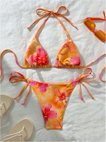 Women's 2 Piece Floral Print Bikini Set Halter Triangle String Cheeky Bathing Suits High Cut Swimsuit in Saudi Arabia