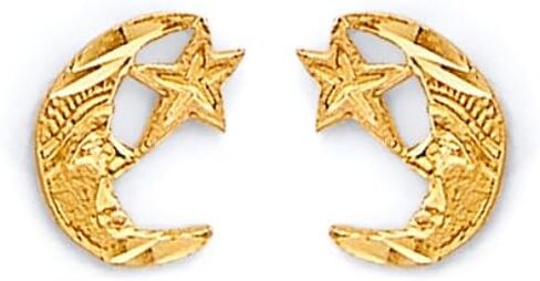 14K Solid Gold Moon & Star Push Back Earrings | Dainty Celestial Jewelry by Tehrani Jewelry in Saudi Arabia