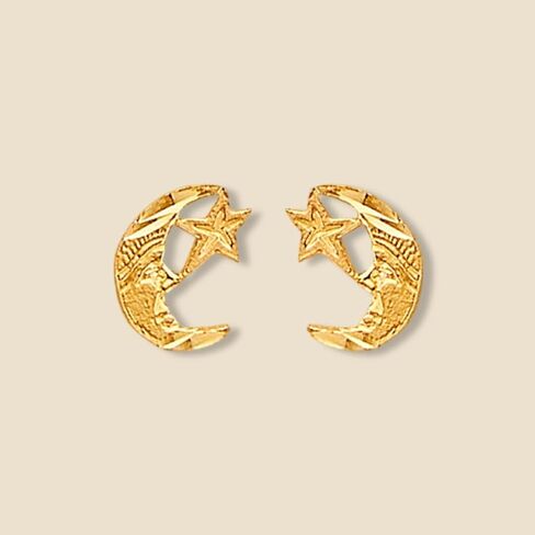 14K Solid Gold Moon & Star Push Back Earrings | Dainty Celestial Jewelry by Tehrani Jewelry in Saudi Arabia