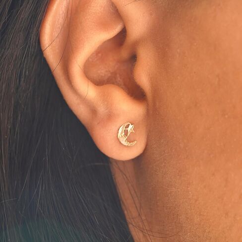 14K Solid Gold Moon & Star Push Back Earrings | Dainty Celestial Jewelry by Tehrani Jewelry in Saudi Arabia