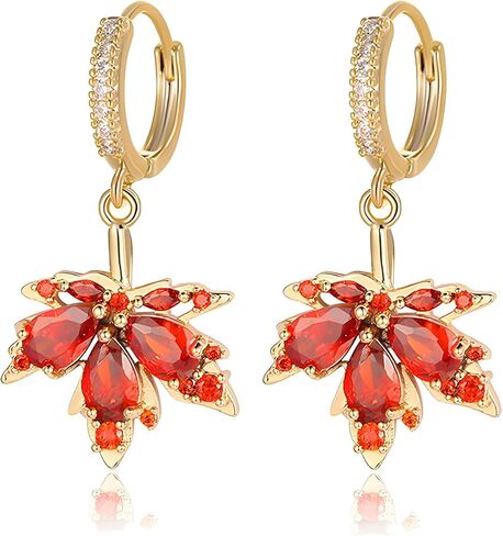 Maple Leaf Earrings for Women Elegant Handmade Fall Hot Red Orange Plant Leaves Earrings Sparkly Crystal CZ Studs Earrings for Autumn Thanksgiving Day Party Holiday Trendy Jewelry in Saudi Arabia