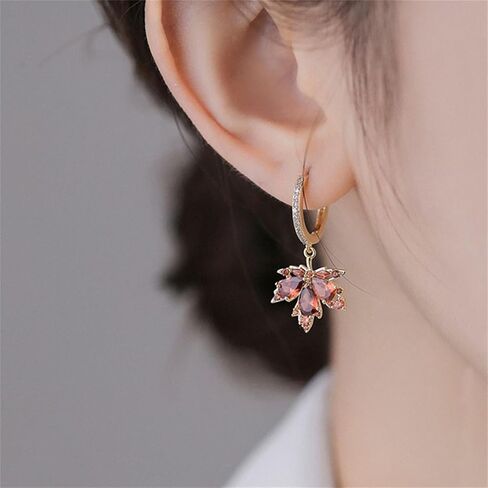 Maple Leaf Earrings for Women Elegant Handmade Fall Hot Red Orange Plant Leaves Earrings Sparkly Crystal CZ Studs Earrings for Autumn Thanksgiving Day Party Holiday Trendy Jewelry in Saudi Arabia