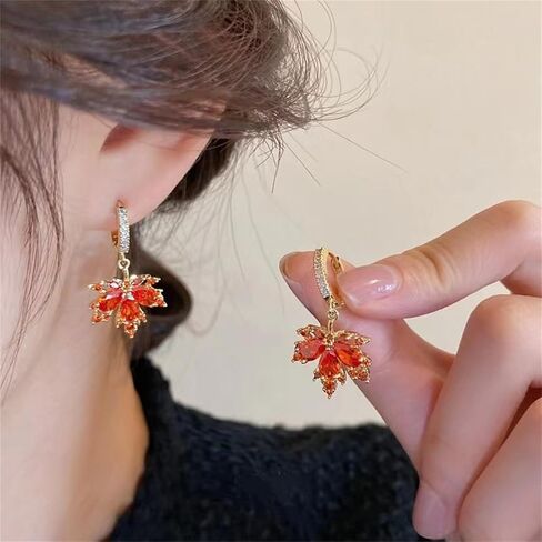 Maple Leaf Earrings for Women Elegant Handmade Fall Hot Red Orange Plant Leaves Earrings Sparkly Crystal CZ Studs Earrings for Autumn Thanksgiving Day Party Holiday Trendy Jewelry in Saudi Arabia