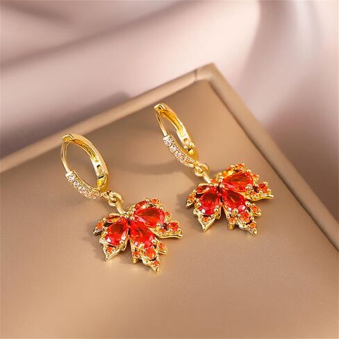 Maple Leaf Earrings for Women Elegant Handmade Fall Hot Red Orange Plant Leaves Earrings Sparkly Crystal CZ Studs Earrings for Autumn Thanksgiving Day Party Holiday Trendy Jewelry in Saudi Arabia
