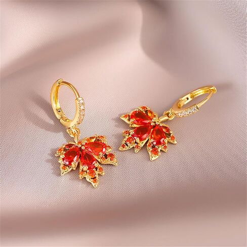 Maple Leaf Earrings for Women Elegant Handmade Fall Hot Red Orange Plant Leaves Earrings Sparkly Crystal CZ Studs Earrings for Autumn Thanksgiving Day Party Holiday Trendy Jewelry in Saudi Arabia