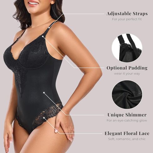 TROPICA LOVE Womens Tummy Control Shapewear Bodysuit Built-in Bra V-Neck Waist Sculpting Shaper Satin Lace Thong in Saudi Arabia