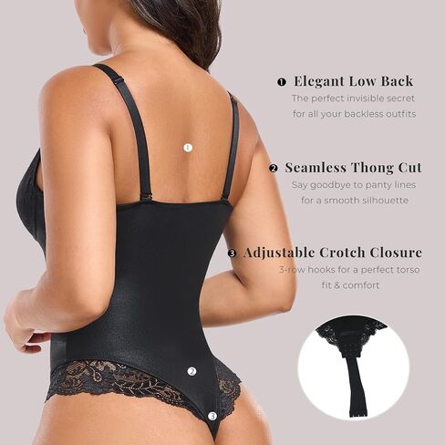 TROPICA LOVE Womens Tummy Control Shapewear Bodysuit Built-in Bra V-Neck Waist Sculpting Shaper Satin Lace Thong in Saudi Arabia