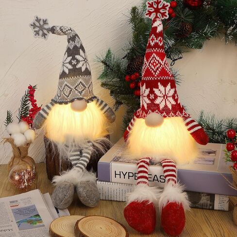 Juegoal 2 Pack Lighted Christmas Gnomes with Dangling Legs, 19.5Inch Handmade Scandinavian Swedish Tomte, Battery Operated Winter Tabletop Christmas Decorations Collectible Figurines in Saudi Arabia