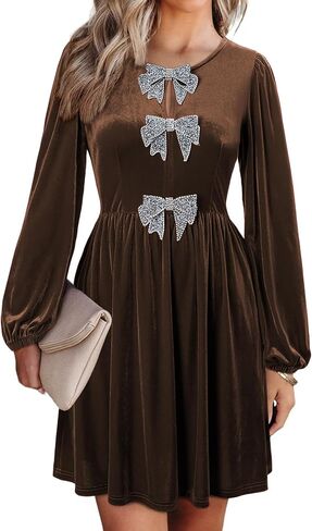 Happy Sailed Women’s Velvet Dress Fall Fashion Lantern Long Sleeve Front Bowknot High Waist A Line Cocktail Party Dress in Saudi Arabia