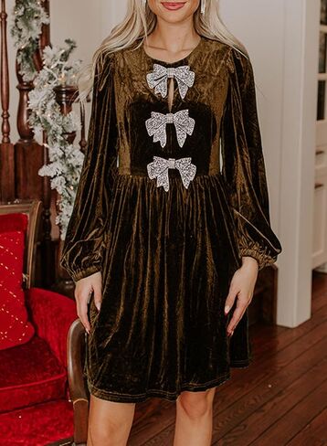 Happy Sailed Women’s Velvet Dress Fall Fashion Lantern Long Sleeve Front Bowknot High Waist A Line Cocktail Party Dress in Saudi Arabia