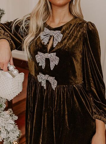 Happy Sailed Women’s Velvet Dress Fall Fashion Lantern Long Sleeve Front Bowknot High Waist A Line Cocktail Party Dress in Saudi Arabia
