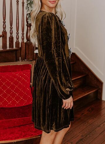 Happy Sailed Women’s Velvet Dress Fall Fashion Lantern Long Sleeve Front Bowknot High Waist A Line Cocktail Party Dress in Saudi Arabia