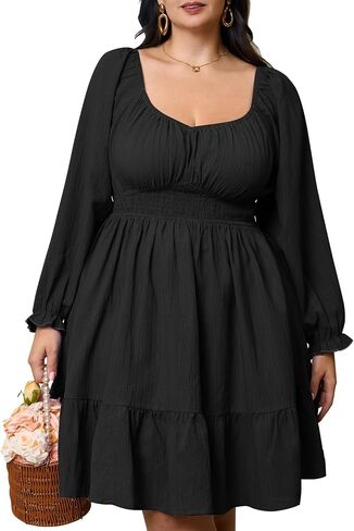 Plus Size Mini Cocktail Dress for Curvy Women Long Sleeve Sweetheart Neckline Ruffle Hem Smocked Flowy Fall Dresses in Saudi Arabia