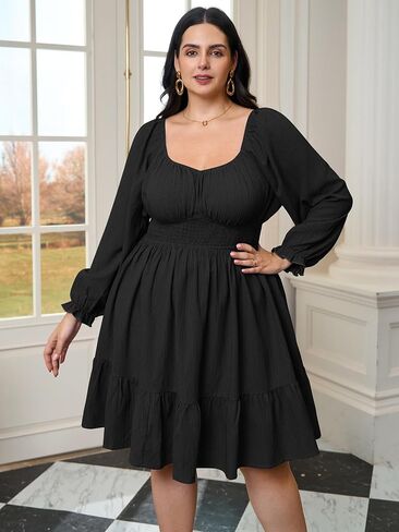 Plus Size Mini Cocktail Dress for Curvy Women Long Sleeve Sweetheart Neckline Ruffle Hem Smocked Flowy Fall Dresses in Saudi Arabia