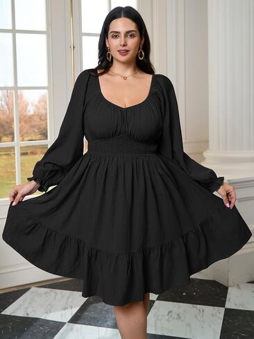 Plus Size Mini Cocktail Dress for Curvy Women Long Sleeve Sweetheart Neckline Ruffle Hem Smocked Flowy Fall Dresses in Saudi Arabia