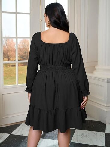 Plus Size Mini Cocktail Dress for Curvy Women Long Sleeve Sweetheart Neckline Ruffle Hem Smocked Flowy Fall Dresses in Saudi Arabia