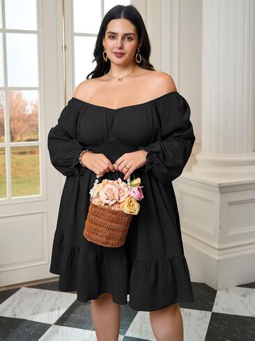 Plus Size Mini Cocktail Dress for Curvy Women Long Sleeve Sweetheart Neckline Ruffle Hem Smocked Flowy Fall Dresses in Saudi Arabia