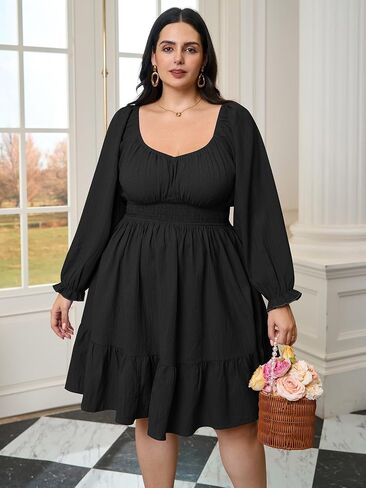 Plus Size Mini Cocktail Dress for Curvy Women Long Sleeve Sweetheart Neckline Ruffle Hem Smocked Flowy Fall Dresses in Saudi Arabia
