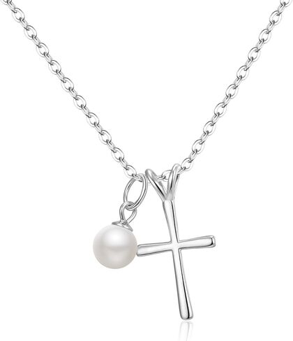 EVER FAITH 925 Sterling Silver First Communion Cross Necklace Church Tiny Pearl Choker Necklaces Baptism/Confirmation/Birthday/Christmas Jewelry Gift for Women Daughter Teen Girls in Saudi Arabia