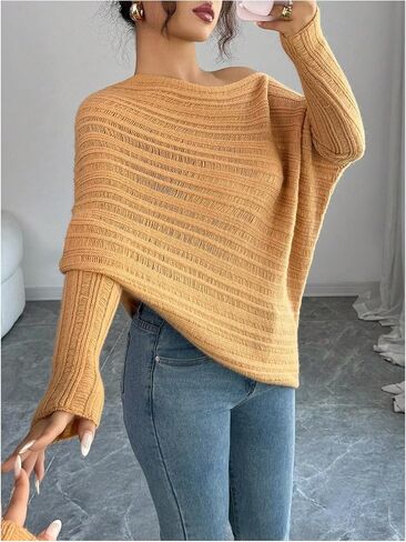 Milumia Women's Off The Shoulder Sweater Dolman Long Sleeve Asymmetrical Knit Tops in Saudi Arabia