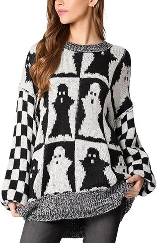 utcoco Women's Halloween Ghost Sweater Tops Casual Loose Fit Crew Neck Long Sleeve Chunky Knit Pullover Sweaters in Saudi Arabia