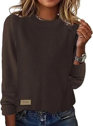 LOZ Women's Crew Neck Ribbed Knit Sweater Fashion 2025 Pullover Long Sleeve Solid Color Casual Loose Jumper Tops in Kuwait