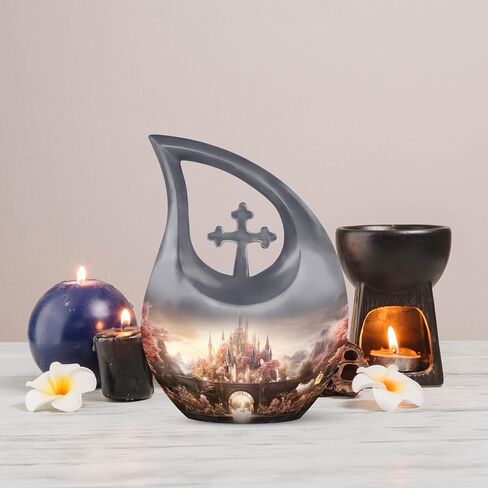Castle Burial Urn for Adult Male - 10 Inch Large Urn with Velvet Bag - Decorative Large Urns for Human Ashes - Pack of 1 in Saudi Arabia