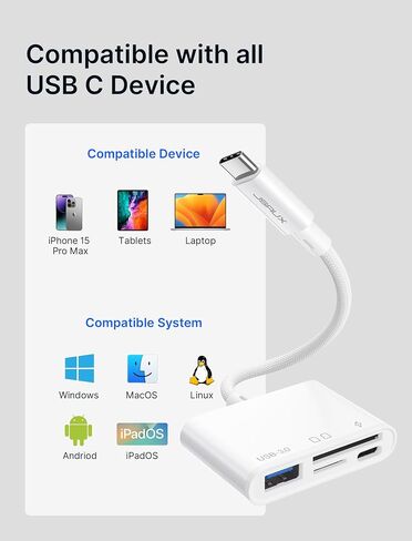 3-in-1 USB C SD Card Reader, JSAUX USB 3.0 Micro SD Memory Card Reader 2TB with Type-C Charging Port, Compatible with iPhone 16/16 Plus/16 Pro/16 Pro Max, Android, MacBook Pro/Air, Galaxy, iPad Pro in Saudi Arabia