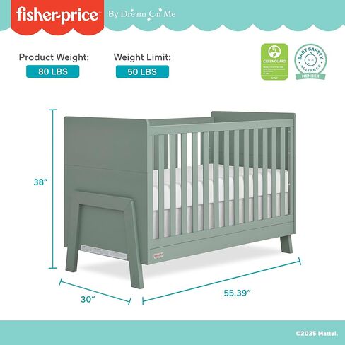 Evolur Fisher Price Iris 4-in-1 Convertible Crib in Vintage White Oak by Dream On Me, JPMA & Greenguard Gold Certified, Crafted from New Zealand Pine Wood in Kuwait