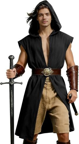 Medieval Costume Men Viking Hooded Sleeveless Surcoat, Mens Renaissance Costume Cloak for Halloween Assassin Cosplay in Saudi Arabia