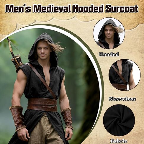 Medieval Costume Men Viking Hooded Sleeveless Surcoat, Mens Renaissance Costume Cloak for Halloween Assassin Cosplay in Saudi Arabia