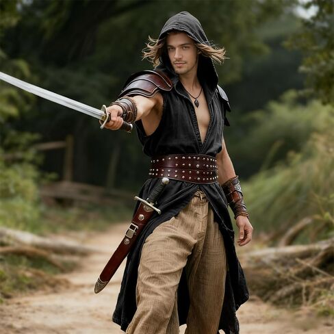 Medieval Costume Men Viking Hooded Sleeveless Surcoat, Mens Renaissance Costume Cloak for Halloween Assassin Cosplay in Saudi Arabia