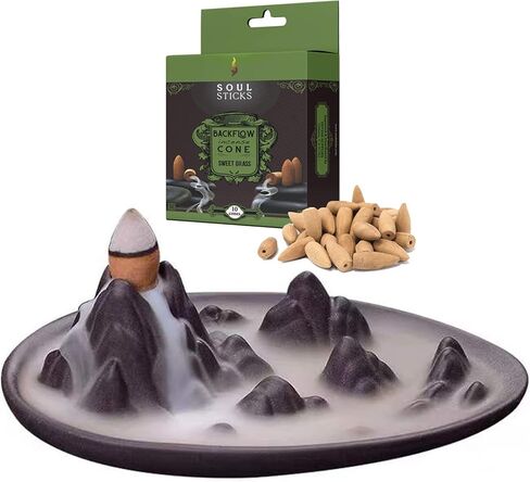 SOUL STICKS Backflow Incense Holder Burner Waterfall Fountain for Home, Office, Yoga, Room Decor & Aromatherapy with 1 Pack of 10 Backflow Fragrance Cones Included (Mountain Peak) in Saudi Arabia