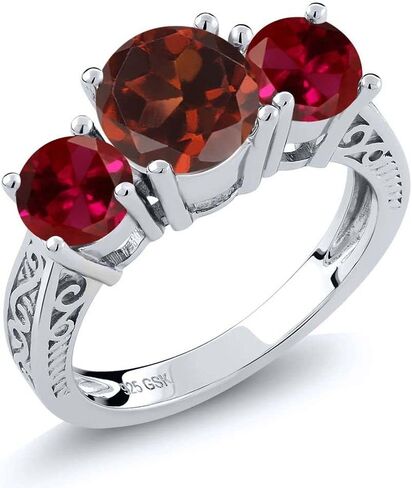 خاتم Gem Stone King من الفضة الإسترليني عيار 925 والعقيق الأحمر والياقوت المبتكر مكون من 3 أحجار للنساء (جولة 2.50 قيراط، حجر ميلاد من الأحجار الكريمة، متوفر بمقاسات 5، 6، 7، 8، 9) in Saudi Arabia