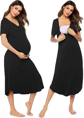 Ekouaer Nursing Nightgown Long Delivery Gown Button Up Breastfeeding Maternity Pregnancy Pajamas Dress Navy Flower XL in Saudi Arabia