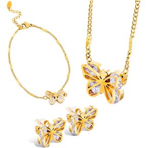 مجموعات مجوهرات للنساء من 3 قطع، طقم أقراط وقلادة على شكل فراشة مطلية بالذهب عيار 18 قيراط، سوار وقلادة قابلة للتعديل مجوهرات عصرية للنساء، هدية عيد الحب in Kuwait