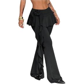 MakeMeChic Women's Floral Bell Bottom Pants Low Waist Flare Y2k Trousers with Ruffle Skirt in Kuwait