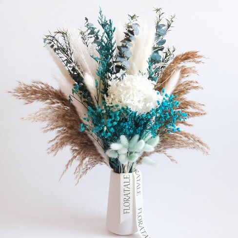 Dried Flower Bouquet for Vase – 17'' Mini Blue Floral Arrangement with Pampas, Bunny Tails, Baby's Breath & More – Home & Wedding Decor, Centerpiece (Vase Not Included) in Saudi Arabia