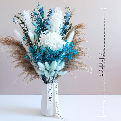 Dried Flower Bouquet for Vase – 17'' Mini Blue Floral Arrangement with Pampas, Bunny Tails, Baby's Breath & More – Home & Wedding Decor, Centerpiece (Vase Not Included) in Saudi Arabia