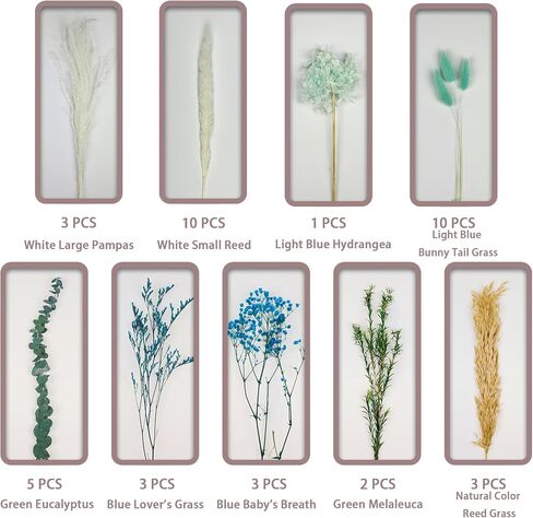 Dried Flower Bouquet for Vase – 17'' Mini Blue Floral Arrangement with Pampas, Bunny Tails, Baby's Breath & More – Home & Wedding Decor, Centerpiece (Vase Not Included) in Saudi Arabia