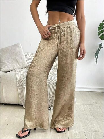 Floerns Women's Low Rise Wide Leg Pants Elastic Waist Drawstring Trousers with Pockets in Saudi Arabia