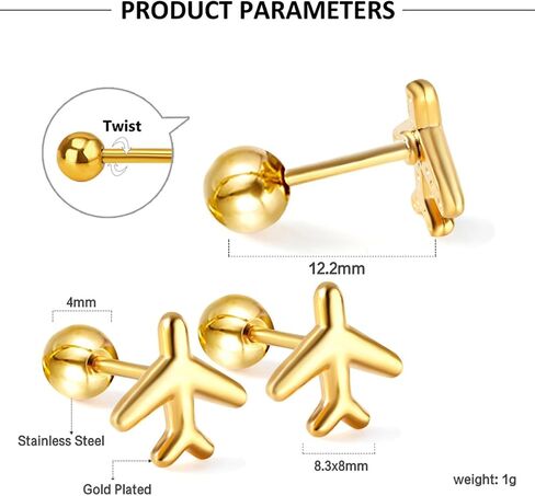 Minimalist Tiny Airplane Cartilage Stud Earrings for Women Teen Girls Stainless Steel Hypoallergenic Cute Aircraft Small Barbell Screw Back Tragus Post Fashion Piercing Earring Birthday Holiday in Kuwait