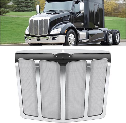 Front Grill w/Bug Screen Compatible with 2013-2021 Peterbilt 579 Front Hood Radiator Bumper Grille Plastic+Steel-Silvery in Saudi Arabia