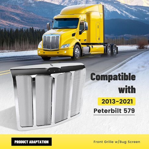 Front Grill w/Bug Screen Compatible with 2013-2021 Peterbilt 579 Front Hood Radiator Bumper Grille Plastic+Steel-Silvery in Saudi Arabia