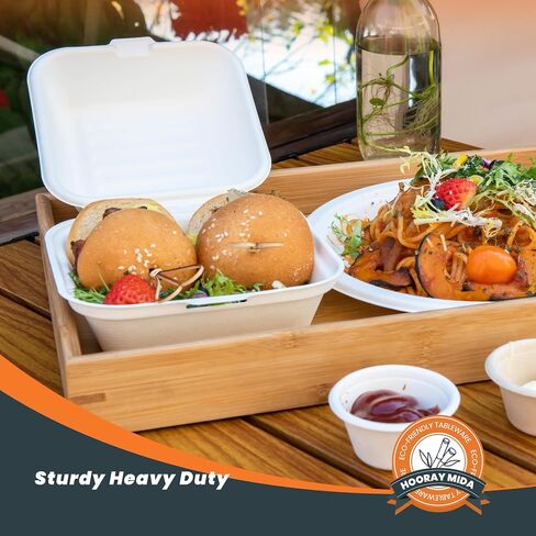 hooray mida togo Containers Disposable - 8"x8" 1-Compartment 50pcs clamshell Take Out Food Containers 100% Compostable, White Biodegradable Meal Prep Box, To Go Containers with Lids for Food in Saudi Arabia