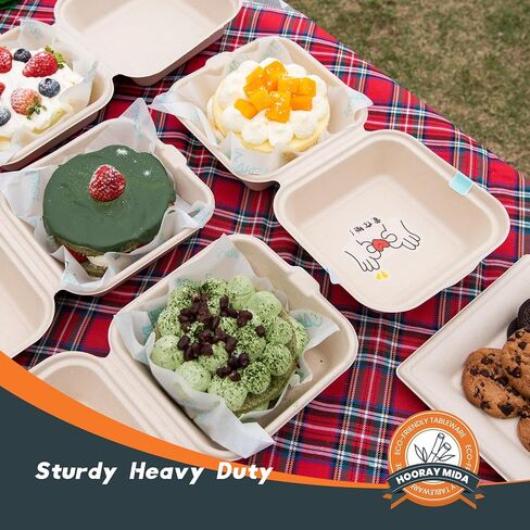 hooray mida togo Containers Disposable - 8"x8" 1-Compartment 50pcs clamshell Take Out Food Containers 100% Compostable, White Biodegradable Meal Prep Box, To Go Containers with Lids for Food in Saudi Arabia