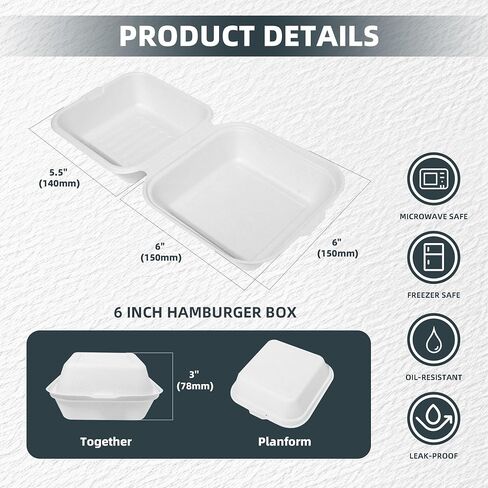 hooray mida togo Containers Disposable - 8"x8" 1-Compartment 50pcs clamshell Take Out Food Containers 100% Compostable, White Biodegradable Meal Prep Box, To Go Containers with Lids for Food in Saudi Arabia